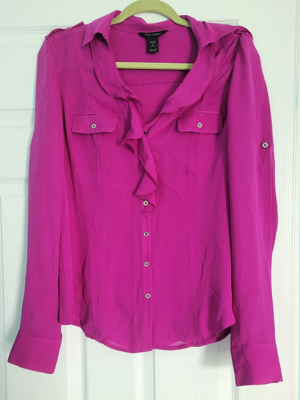 White House Black Market Magenta Ruffle-Front Button Down Blouse